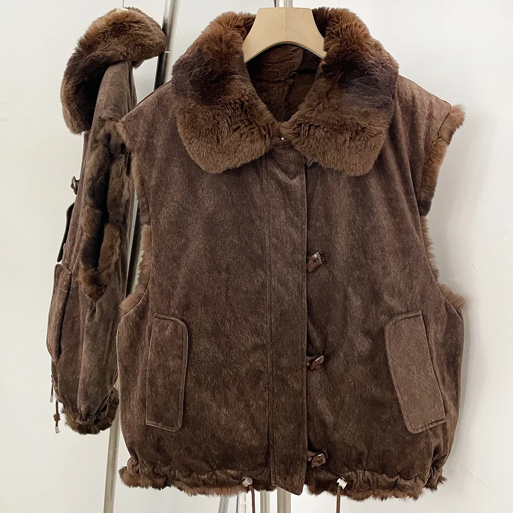 OFTBUY Big Turn Collar Two Ways Wear Sleeveless Clothes Female New Winter Fur Waistcoat Women Reversible Real Rabbit Fur Vest