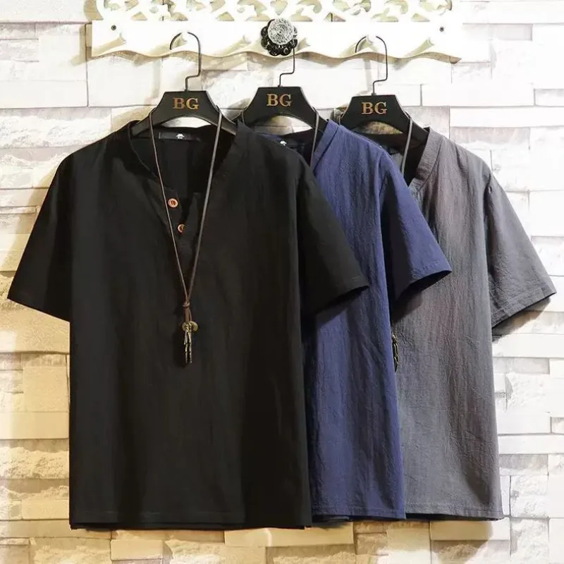 Men's Summer Two-piece Set Short Sleeve Short Shorts Large Size V-neck Linen Simple Loose Casual Comfortable Harajuku Versatile