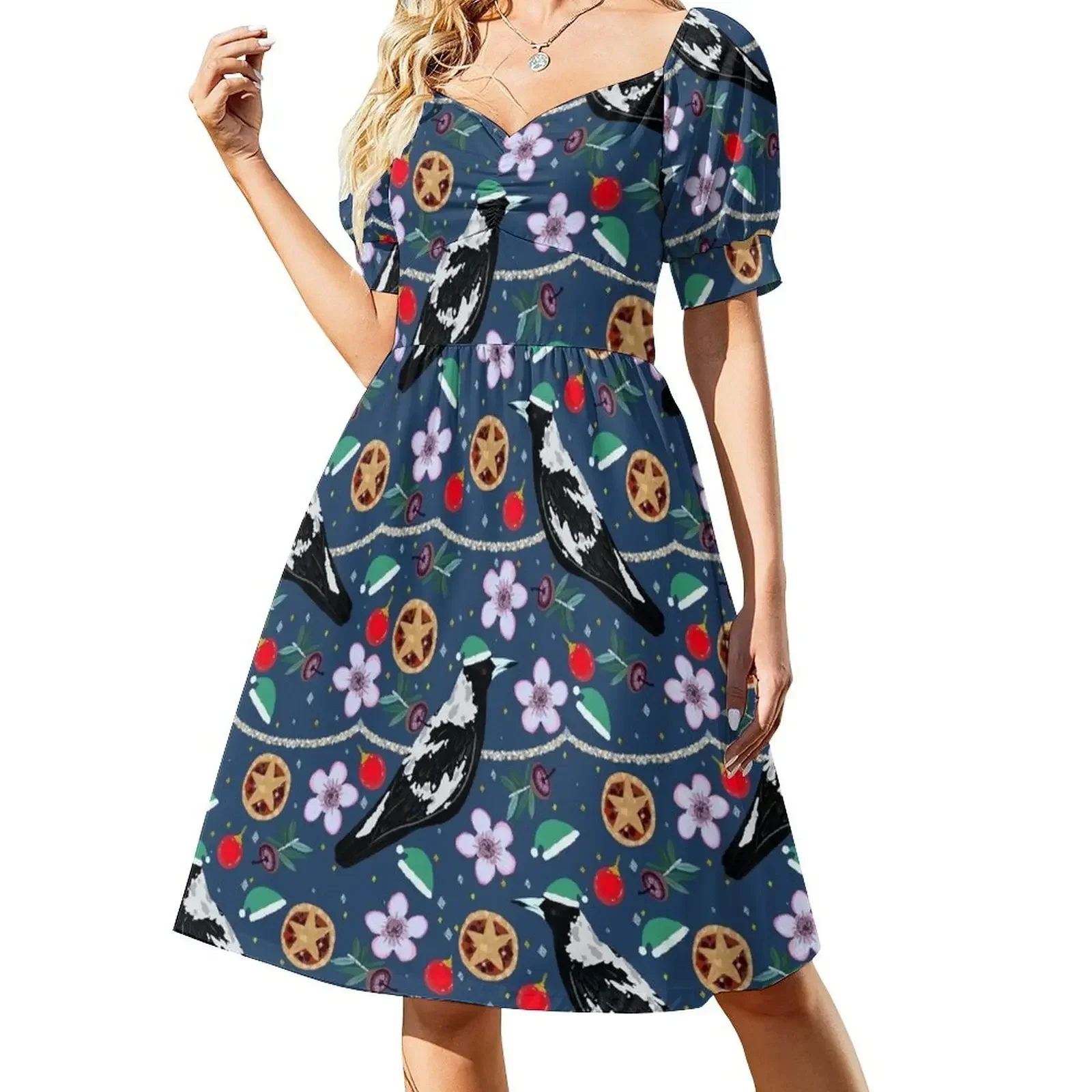 

Christmas Australian Magpie Geraldton Wax Flowers Fruit Mince pie Sleeveless Dress cocktail dresses Dress