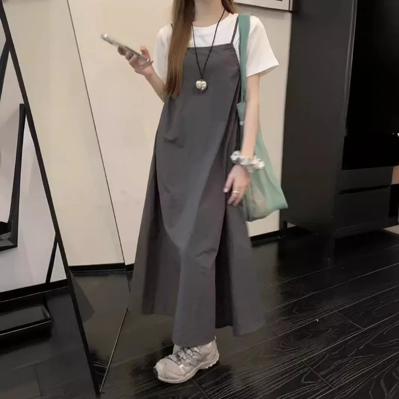 The Real Korean Version Of Chic Simple Temperament Small Tooling Drawstring Suspender Skirt + Solid Color T-shirt Two-piece Set