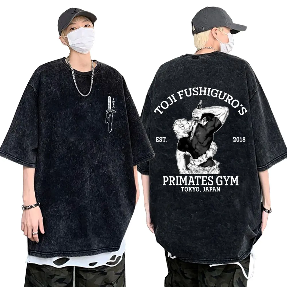 

Washed Vintage Anime Jujutsu Kaisen Fushiguro Toji Primates Gym Funny Meme T-shirt Men Women Casual Cotton Oversized T Shirts