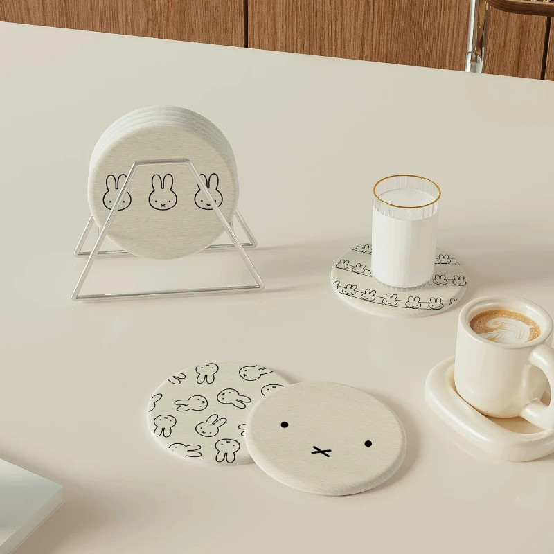 Miffy Kawaii Anime Coasters Cute Absorb Water Heat Insulation Tea Coaster Round Coffee Cup Office Home Simple Fashion Practical