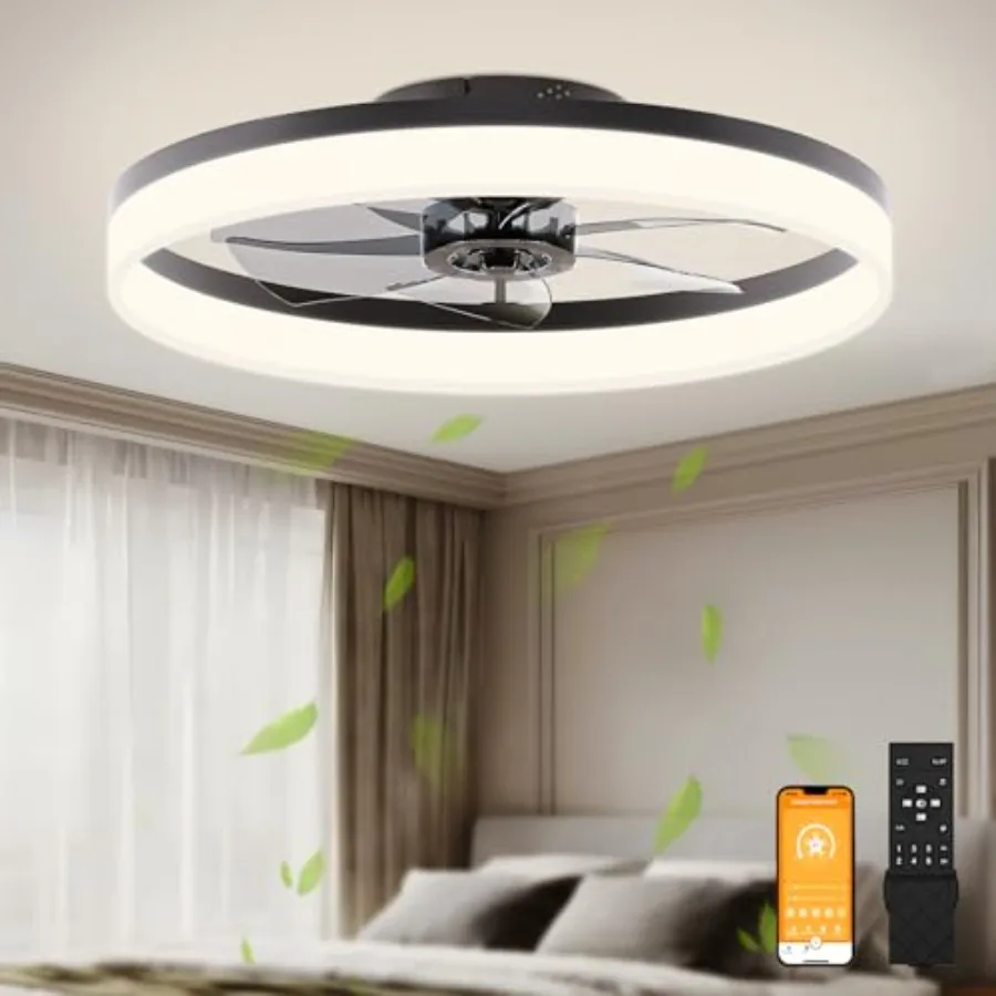 

Bedroom ceiling fan with light and remote, black flush mount, dimmable LED, bladeless design, 23.6in low profile