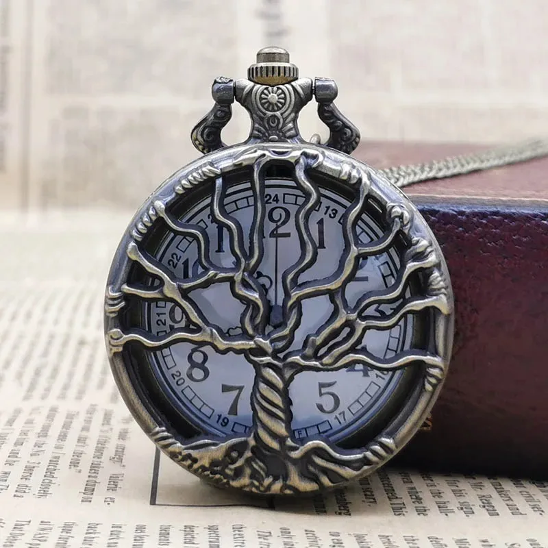 Bronze Hollow Tree of Life Design Pocket Watch Roman Numerals Quartz Pocket Watches with Chain Necklace for Men Women