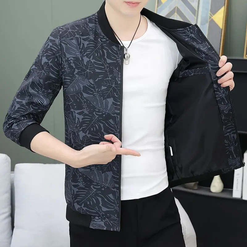 Chaquetas inglesas estampadas con cremallera y cuello alto para hombre, abrigos informales de manga larga, Tops holgados que combinan con todo, moda de otoño, 2024