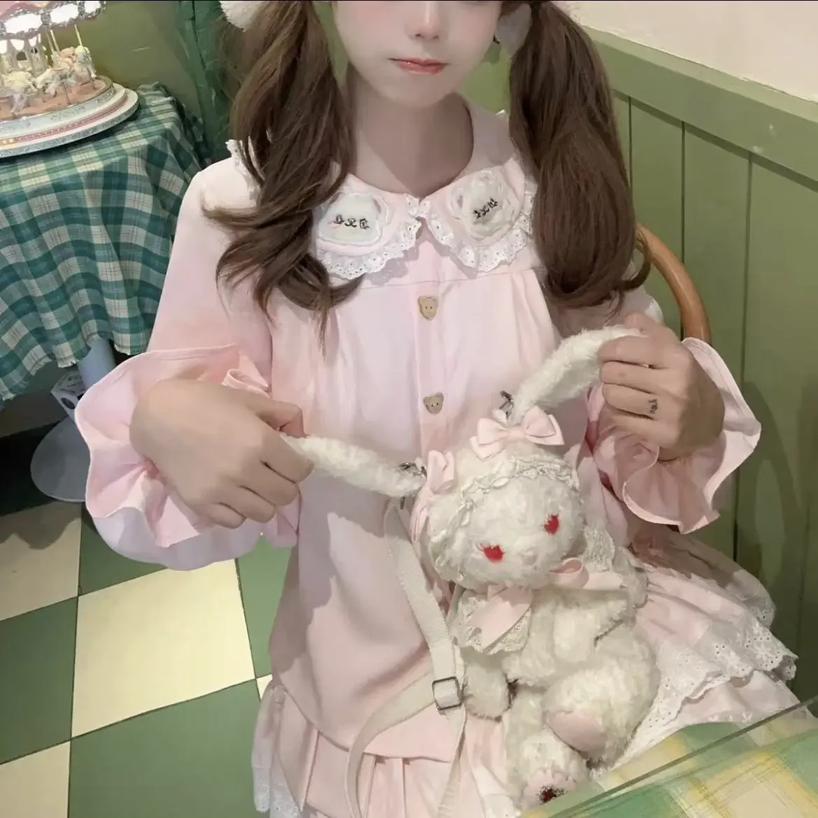 Japanese Girl Blouse Pink Teddy Bear Biscuit Shirt Sweet Cute Doll Long Sleeved Lolita Inner Shirt Bubble Sleeves Top