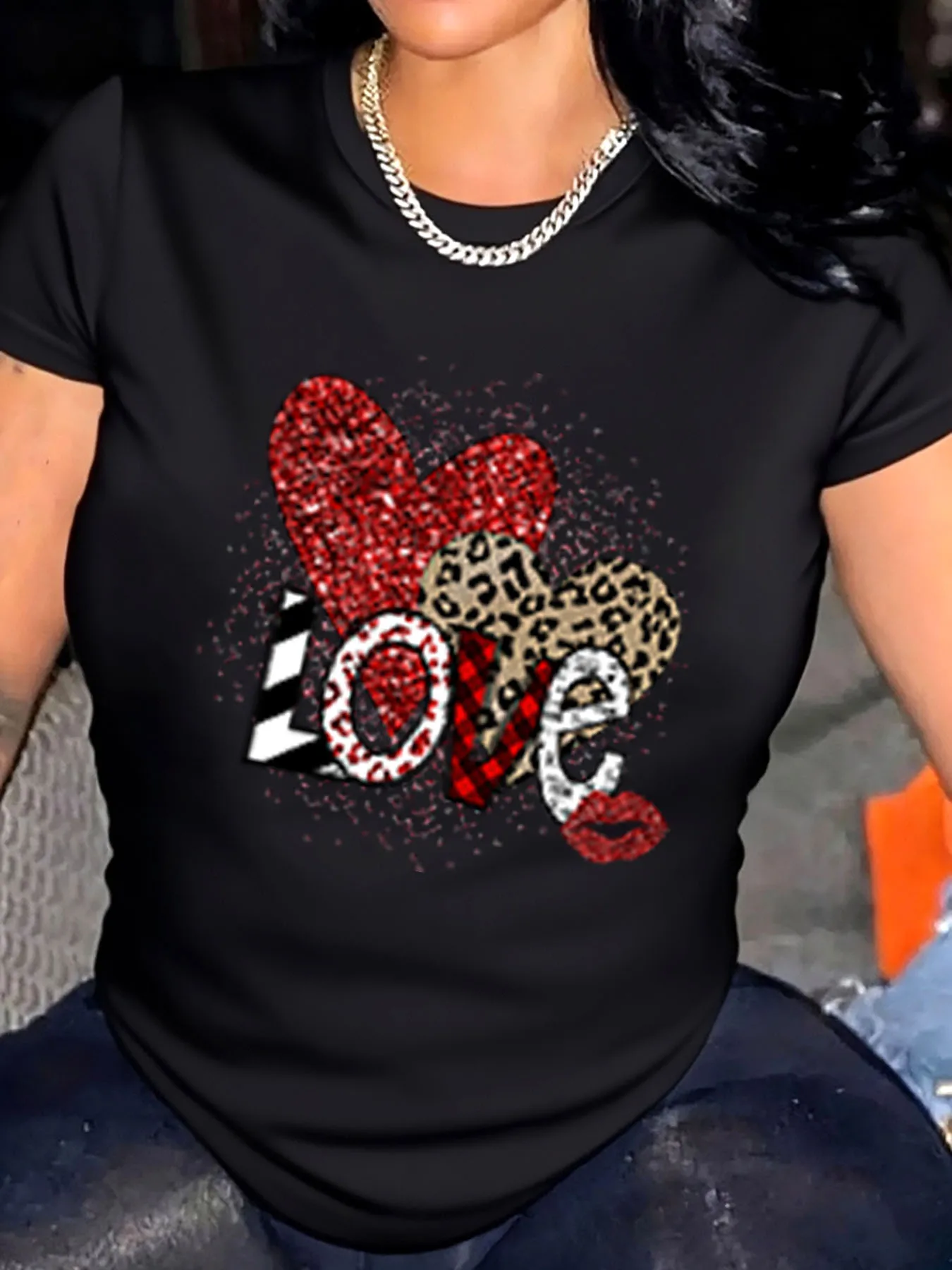 

Женская футболка больших размеров Valentine Love с леопардовым принтом в виде сердца для улицы