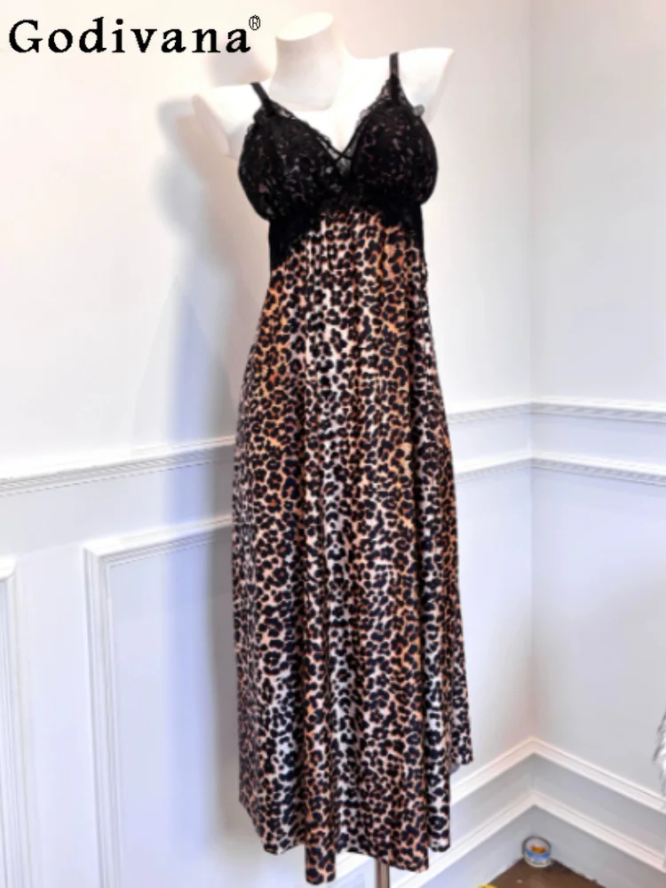 Large Size Sexy Female Leopard Print Lace Suspender V-neck Nightdress Fashion High Waist A-line Sleeveless New Long Loungewear
