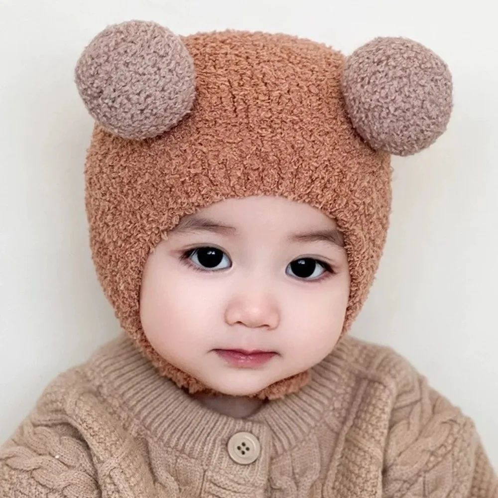 Cute Windproof Beanie Cap Warm with Ball Wool Hemming Caps Ear Protection Hats