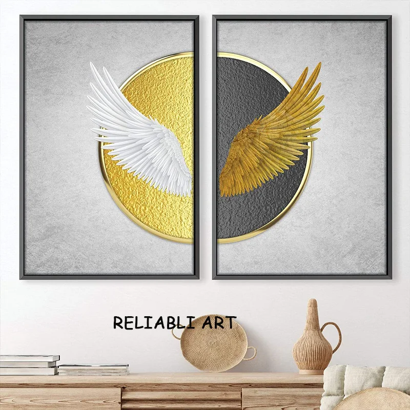 White Golden Feather Wings Canvas Painting 2 Panels Light Luxury Poster and Prints Wall Art Living Room Home Decor No Frame