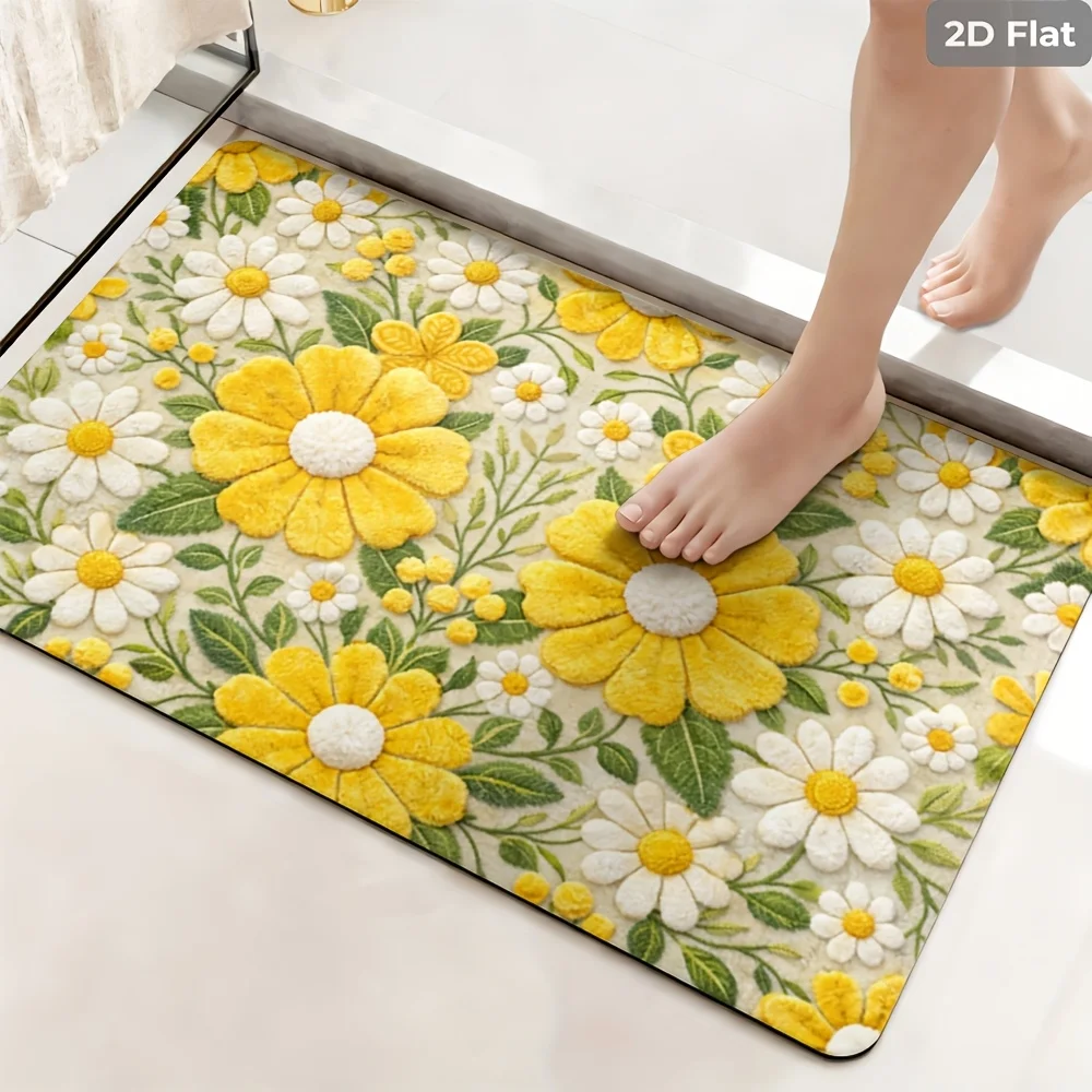 1pc 2D Flat Daisy & Sunflower Rustic‑Style Non‑Slip Entryway Area Rug, Decor Floor Mat for Entrance,Bathroom, Hallway, Sink Area