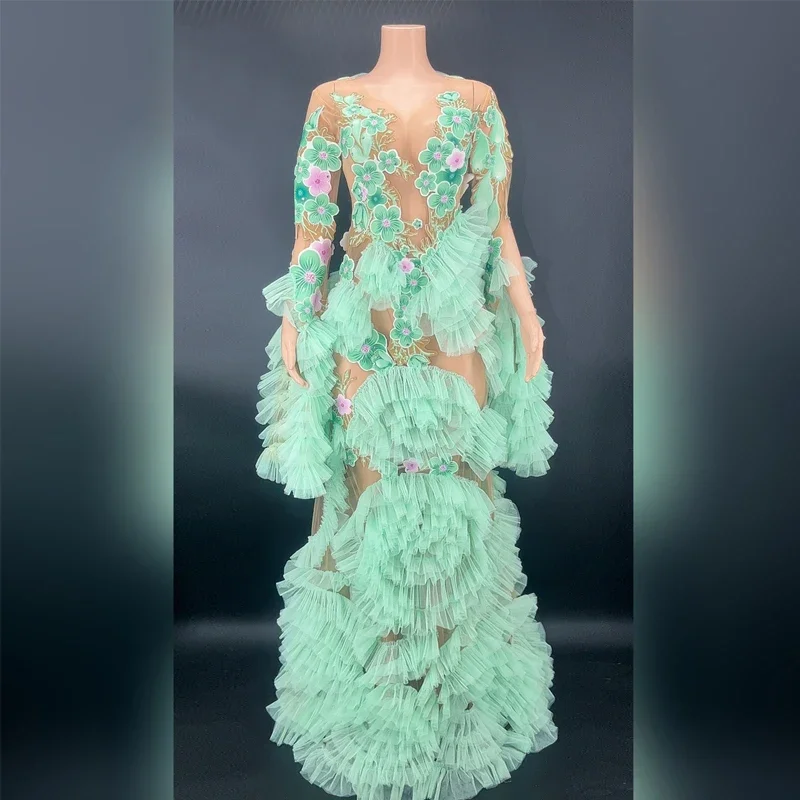 Robe Longue Multicolore à Fleurs Collantes pour Femme, Tenue de Soirée Sexy en Gaze, Costume de Scène, XS4948