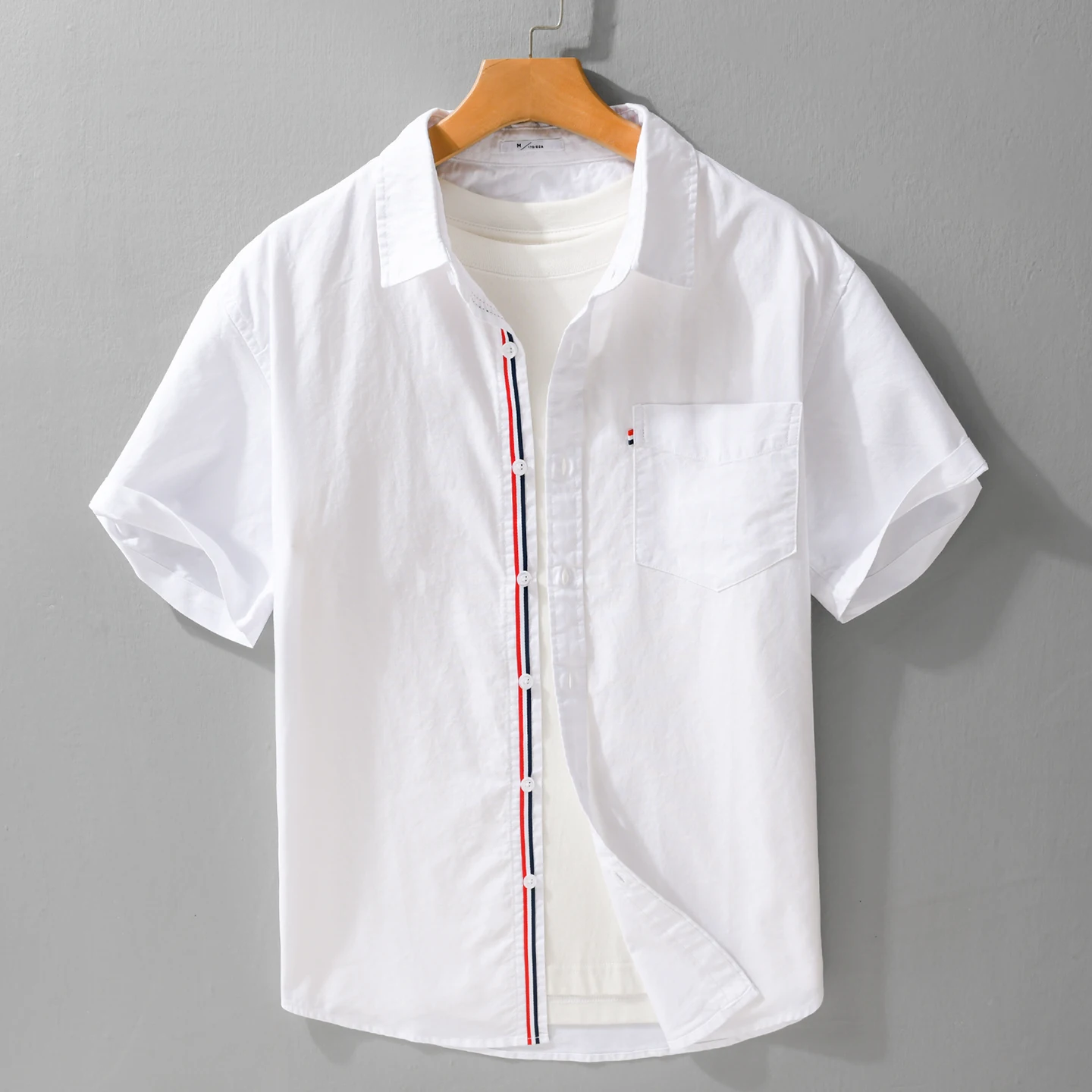 Men's 100% Cotton Short-Sleeve Shirt - Casual Oxford Weave with Contrast Placket Detail, Summer Lightweight Button-Up Top