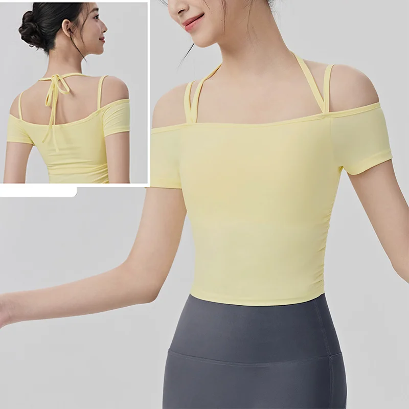 Aiithuug Pilates Short Sleeve Bra Crop Sexy Off Shoulder Yoga Crops Slim Fitting Gym Bra Workout Running Top Mesh Breathable