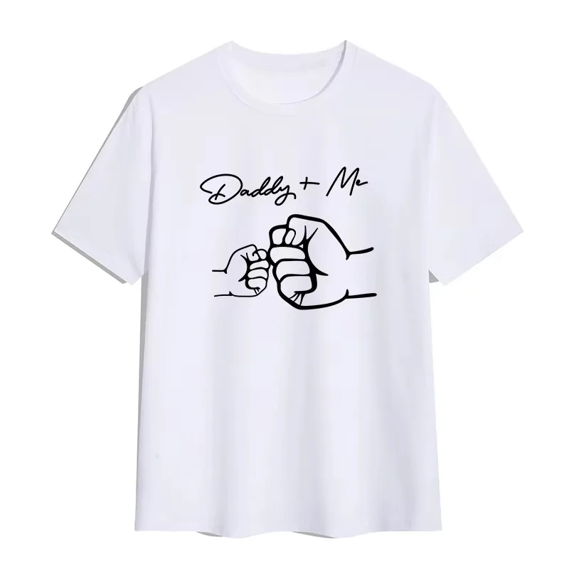 Black White Parent Themed Graphic T-Shirt Unique Big Small Fist Bump Warm Interaction Design Top with Two Color Options