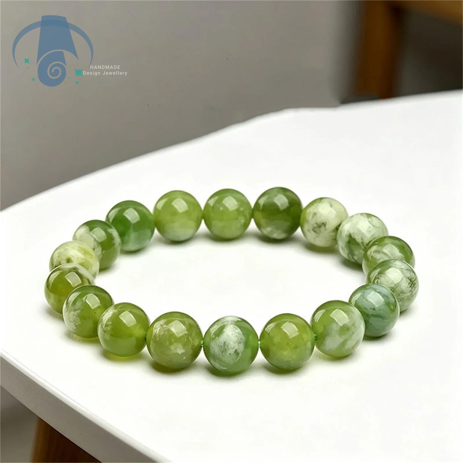 Elegant Genuine Natural Xiuyan Jade Bead Bracelets Green Cream Marble Swirl Polished Handmade Stone Jewelry for Women Daily Gift