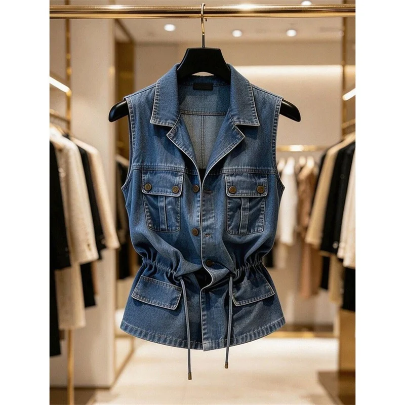 Super Nice Denim Shirt Top Women's Shirt Blouse 2026 Summer Autumn New Casual Waist-cinching Sleeveless Denim Jacket Coat 2