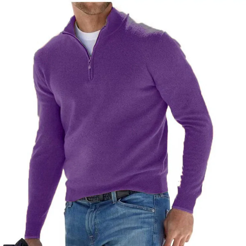 2024 new autumn long sleeved V-neck woolen zipper men's casual top polo shirt