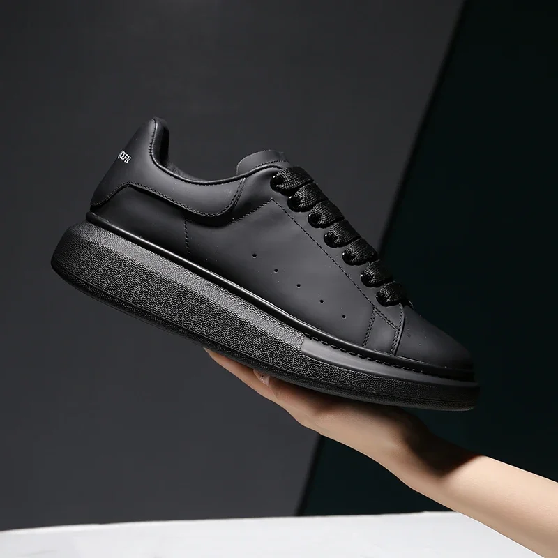 Classic Men Women's Casual Shoes Designer Concise Black Walking Sneakers Genuine Leather Daily Office Platform Shoes For Lovers