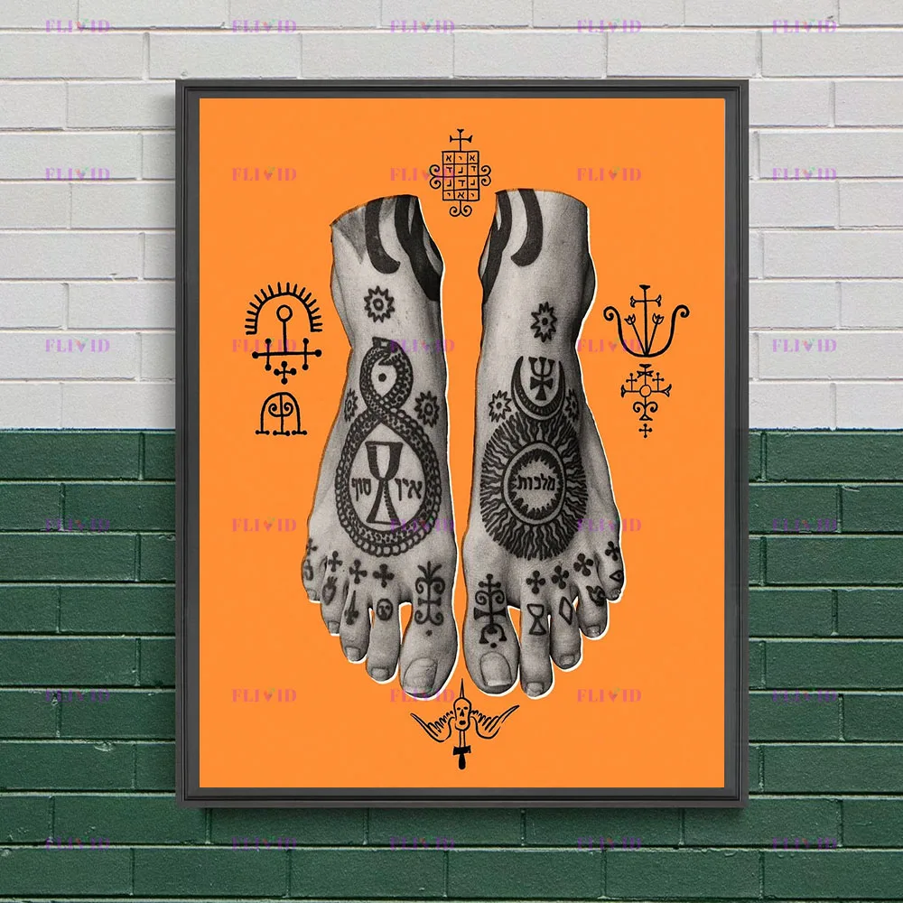 Vintage Occult Palm Tattoo Flash Canvas Print Old School Hand Foot Arm Tattoo Hebrew Symbol Pentagram Snake Mystic Wall Art