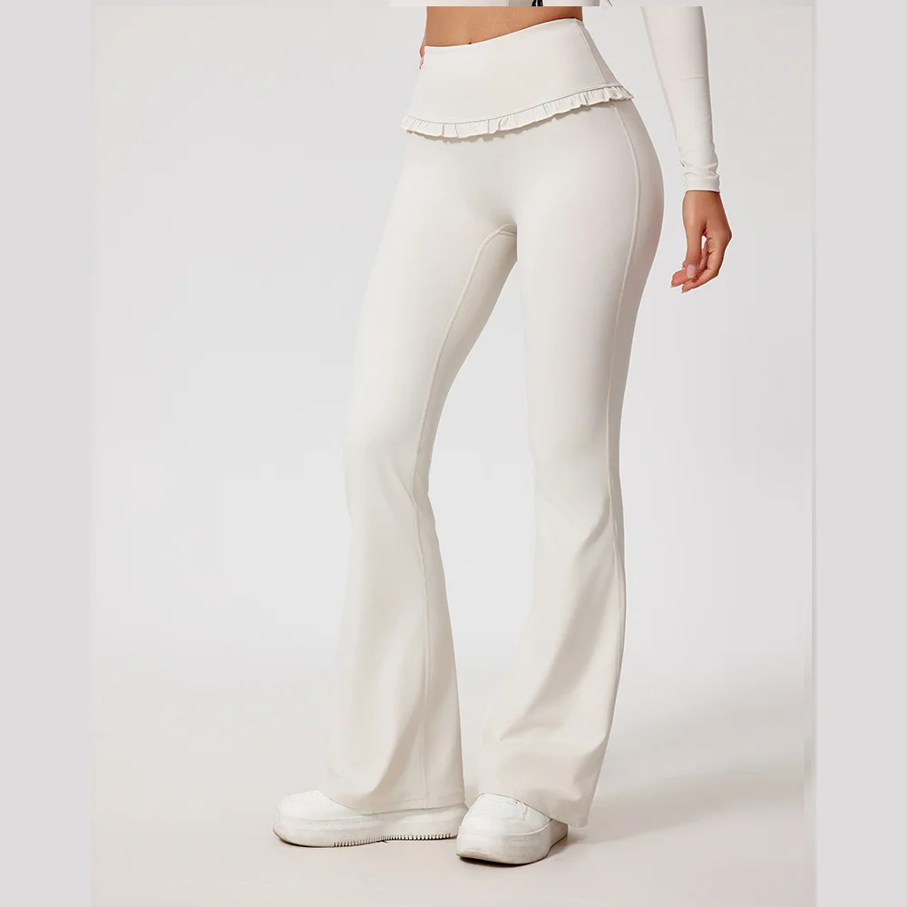 High Waisted Ruffle Trim Flare Yoga Pants, Nude Feel Butt Lifting Workout Leggings, Casual Flared Trousers for Running & Fitness