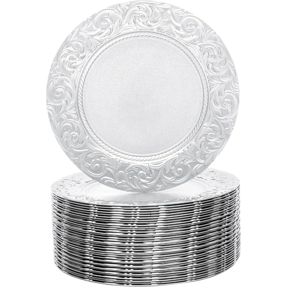 13in Round Embossed Dinner Plate 100Pcs Charger Plates Bulk Plastic Reusable Dinner Serving Plates for Wedding Party Event Table