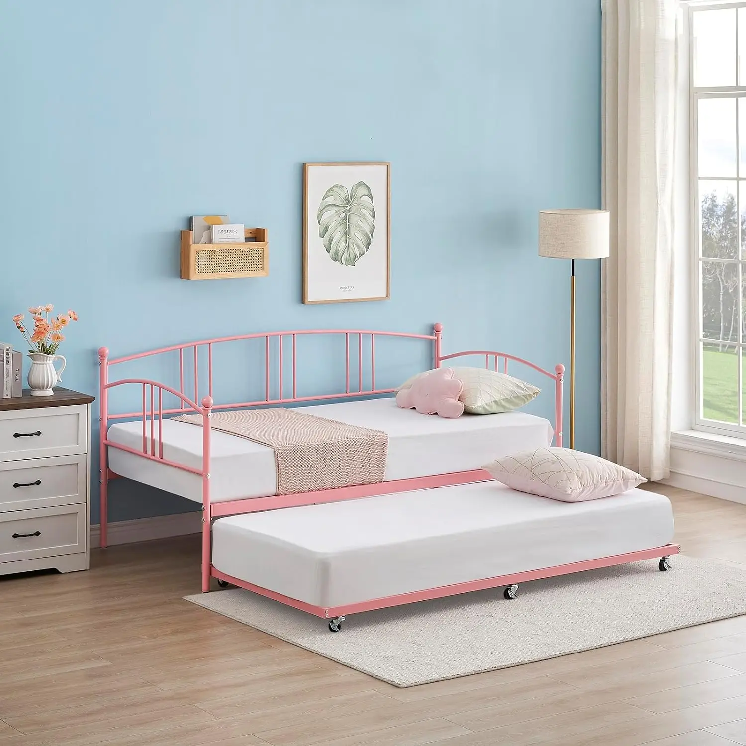 Twin Daybed with Pull-Out Trundle – Metal Sofa Bed Frame, 6 Smooth Casters, Reinforced Steel Slats, 350 lb Capacity, No Box Spring Needed, Fits 6–8