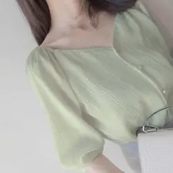 Temperament Elegant V-neck White Bubble Sleeve Shirt for Women's Spring Summer New Versatile Age Reduction Fairy Style Top