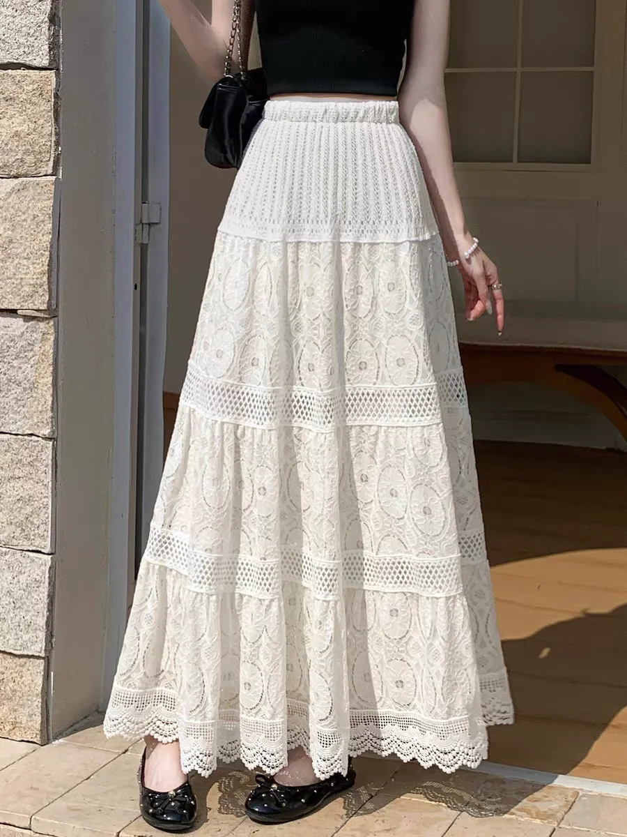 

Элегантная кружевная многоярусная юбка с вырезами, расклешенная макси-юбка А-силуэта для женщин, струящаяся драпированная длинная юбка, юбки в стиле французской феи