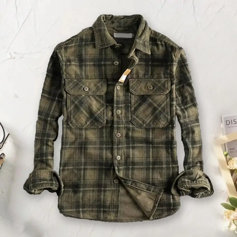 Single-breasted Shirt Stylish Fall Winter Men's Plaid Cardigan Single-breasted Loose Fit Mid Length Shirt Coat with for Formal