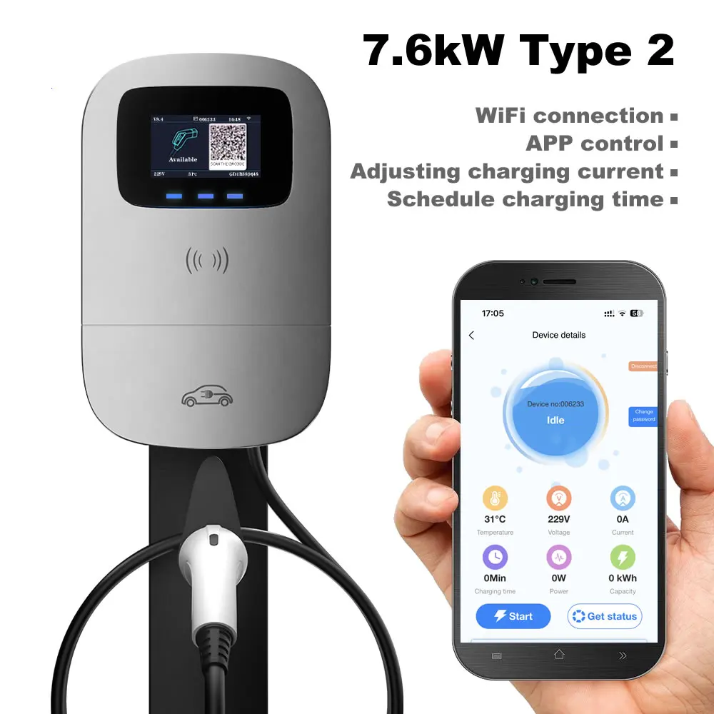 JIGU 7.6KW 32A Typ 2 Ładowarka do pojazdów elektrycznych Stacja ładowania samochodów 7kw Wallbox Ładowarka EV Ekran 220V Jednofazowa aplikacja WiFi