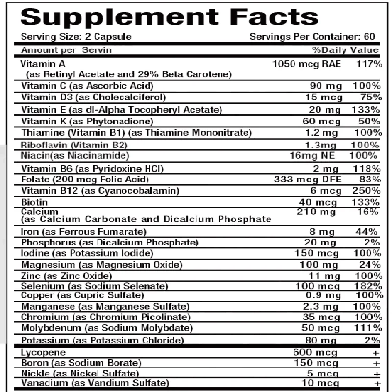 Men\'s 50+ Daily Super Multivitamin, High Potency Formula for Brain, Eye & Heart Health, Vitamins A C D E K B1 to B12 Gluten Free