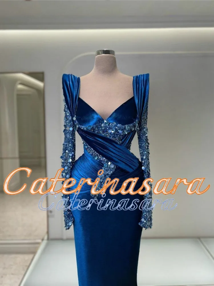 Robe de Rhsirène en velours à manches longues, robe de soirée formelle, robe de soirée moderne, perles et paillettes, bleu, Arabie saoudite