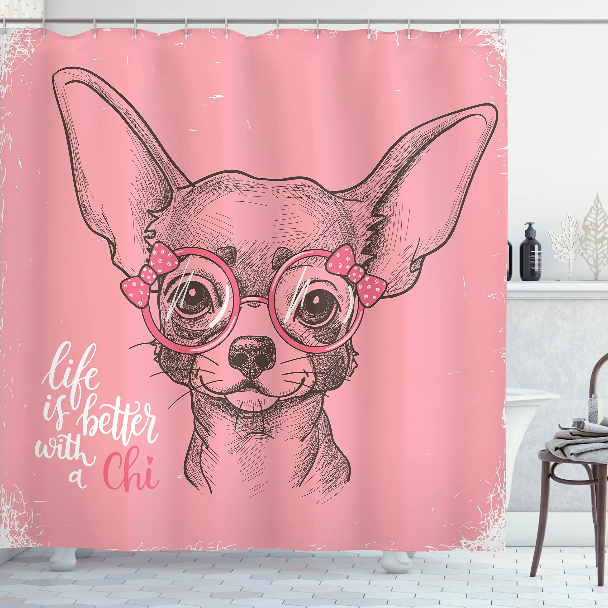 Chihuahua Dog Shower Curtain Cute Animal Relaxing and Lying In Wellness Spa Fashion Puppy Comic Fabric Bathroom Decor with Hooks