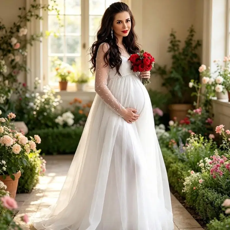 XXFE Fashionable Mesh Insert Maternity Dress In Acrylic Loose Fit Pregnancy Gown For Photoshoots And Party Wear view 3