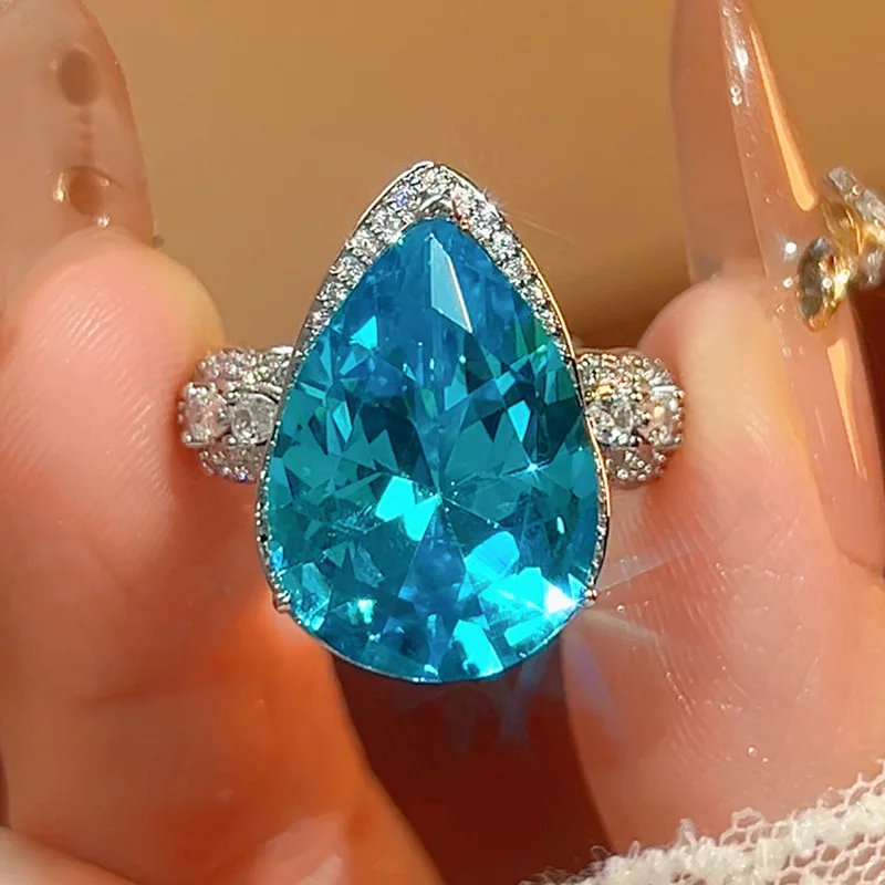 KQDANCE Pear Brilliant Cut Large 13*21 mm Created Yellow Citrine Blue Aquamarine Orange Gemstone Zircon Diamond Rings For Women