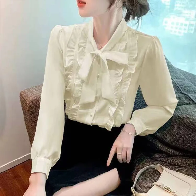 

Woman Spring Autumn Style Blouses Shirts Lady Casual Bow Tie Collar Long Sleeve Solid Color Blusas Tops G2645