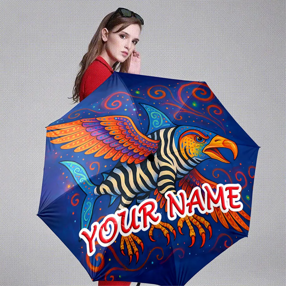 Custom Name Umbrella Colorful Fantasy Animal with Stripes and Wings on Dark Blue Background Portable Folding Umbrella, Gift