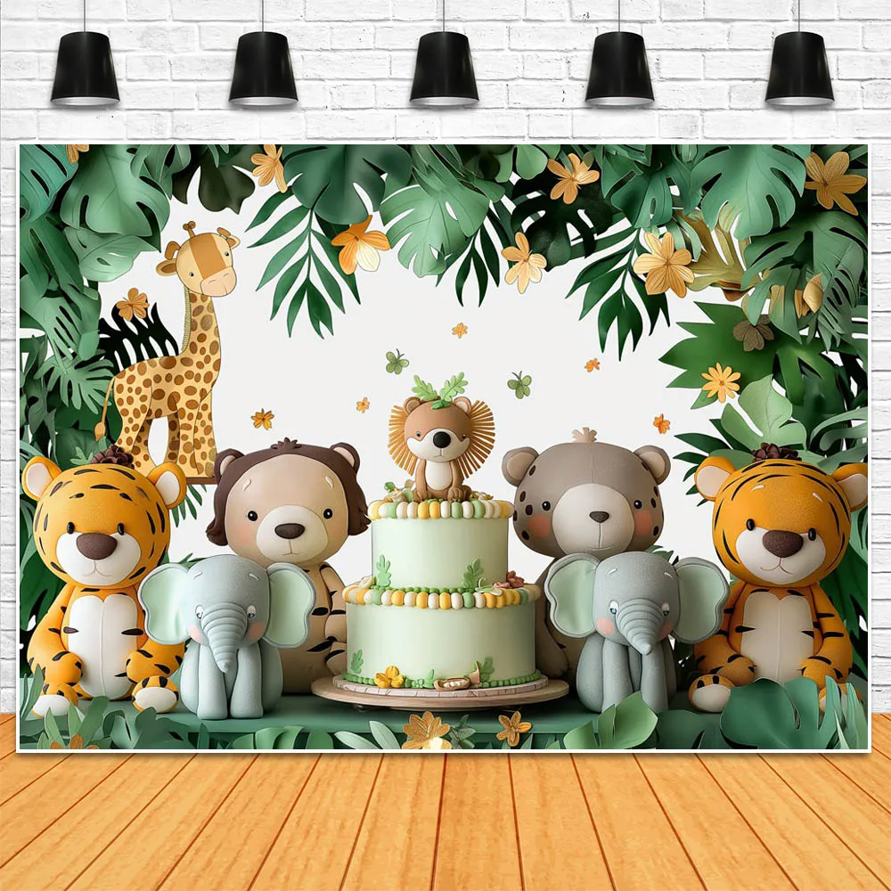 Mocsicka Jungle Theme Kids Birthday Background Animal Leaves Boy Safari Birthday Party Decor Cake Smash Backdrop for Photography