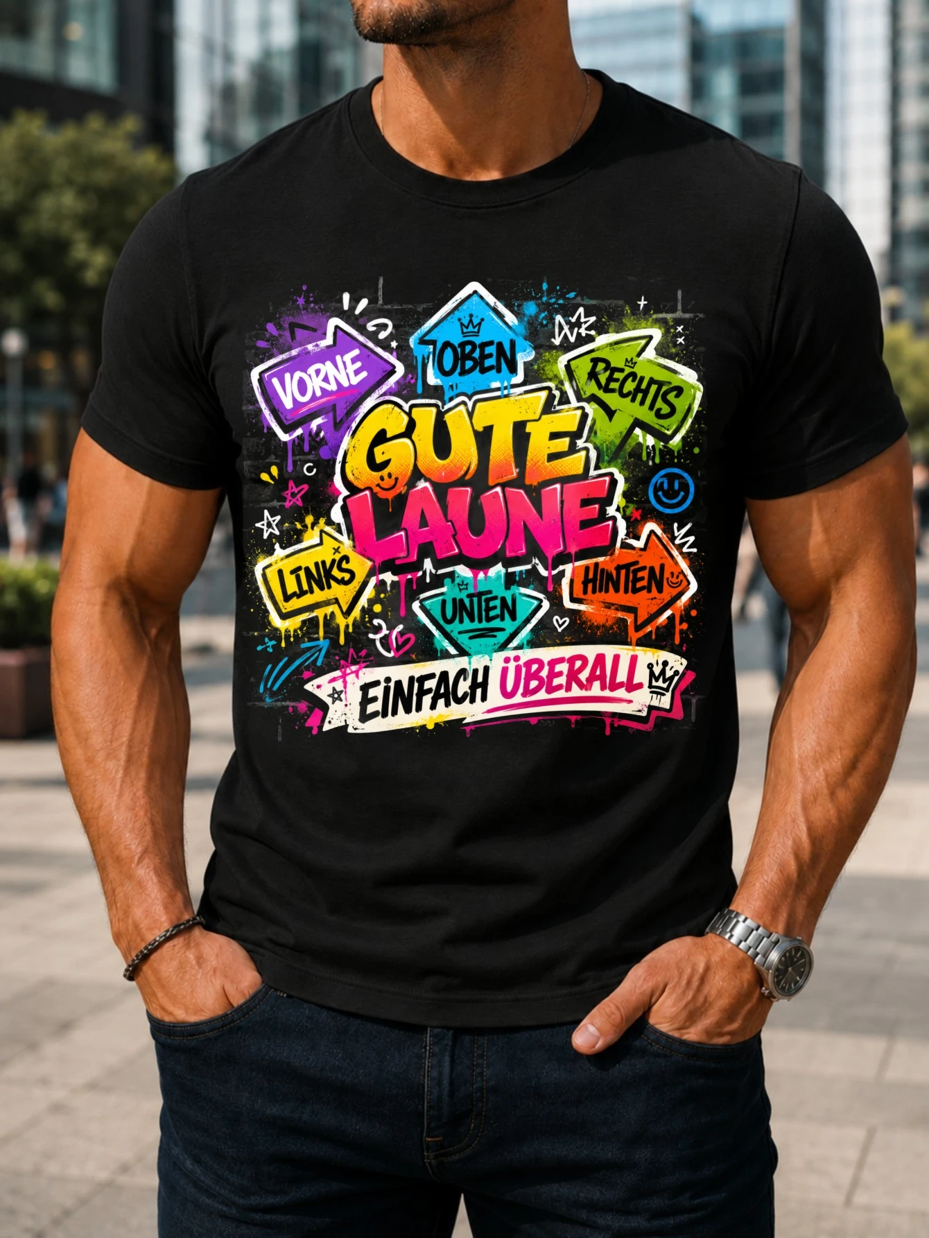 Gute Laune cute arrows and smile icons with clouds stars sun hearts and colorful everywhere  Unisex All T-Shirt