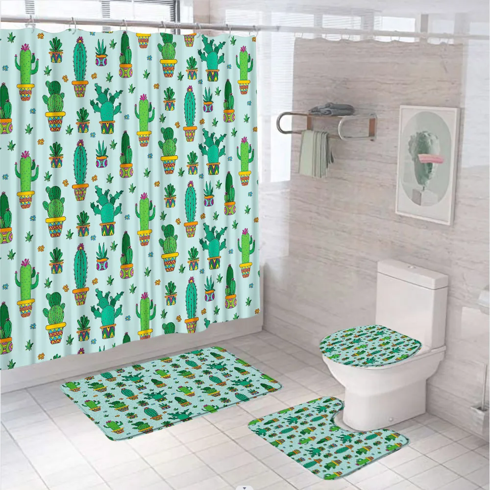 

4Pcs Tropical Cactus Green Succulent Shower Curtain Set Potted Plants Summer Garden Botanical Bathroom Decor Toilet Rug Bath Mat