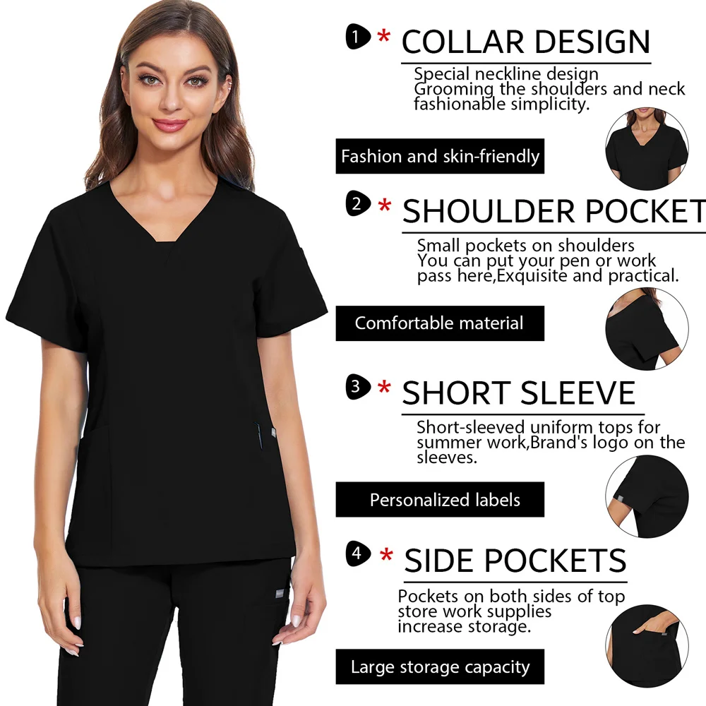 Beauty Salon Pocket Nursing Uniform Ladies Short Sleeve V-neck Blouse Care Workers Scrub Tops Nurse Workwear Medical Uniforms