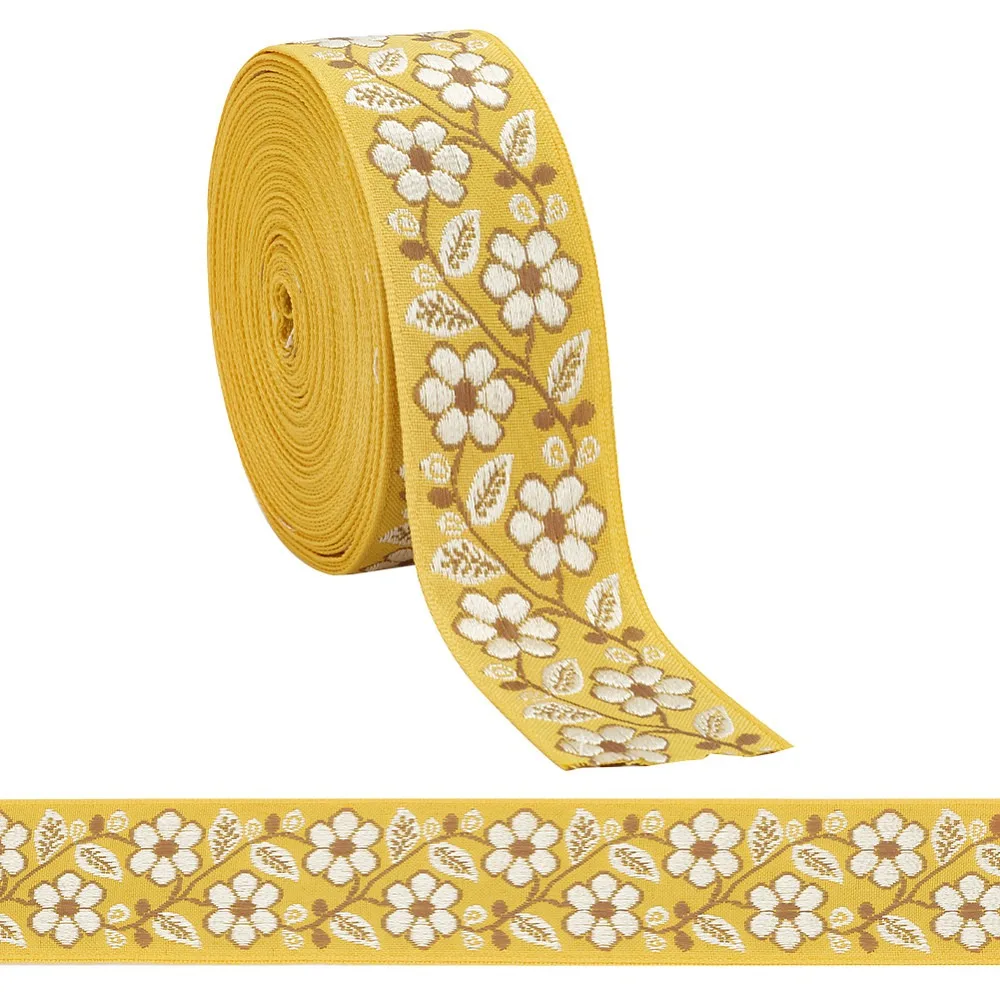 Cintas de poliéster bordadas de estilo étnico, 10 yardas, cinta jacquard, cinta tirolesa, accesorios para prendas de vestir, patrón de flores, color amarillo