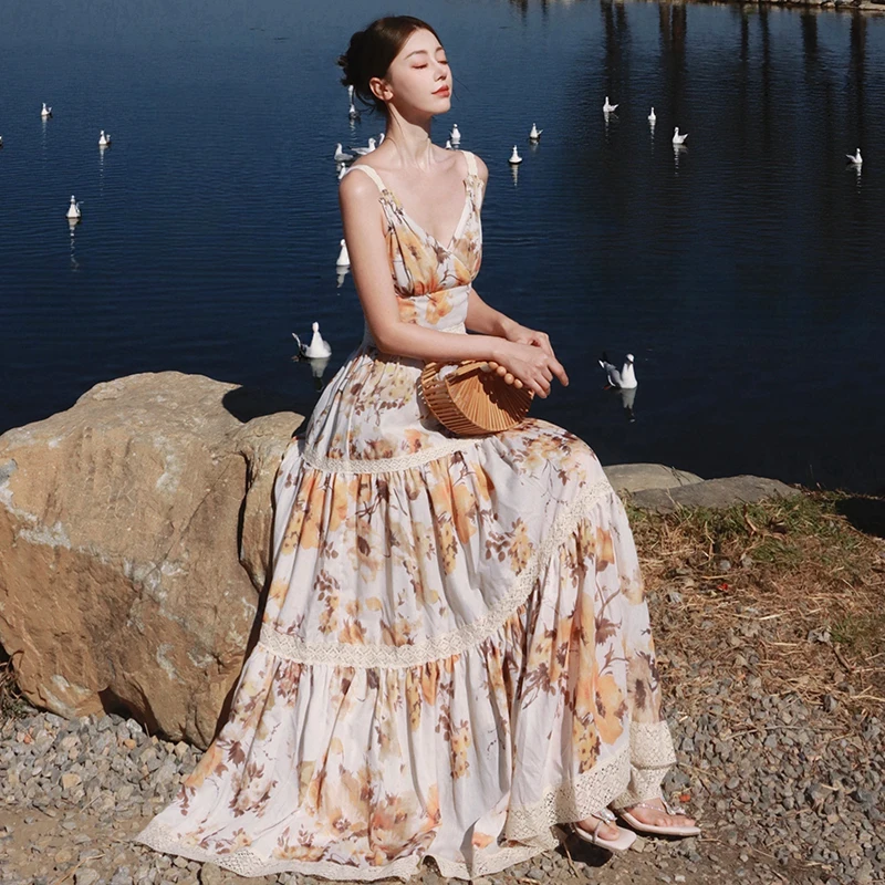 

Ретро-юбка Vaion Sle с V-образным вырезом, кружевной отделкой и принтом в стиле масляной живописи, расклешенная, длинная, из полиэфирного волокна, для лета и повседневной носки