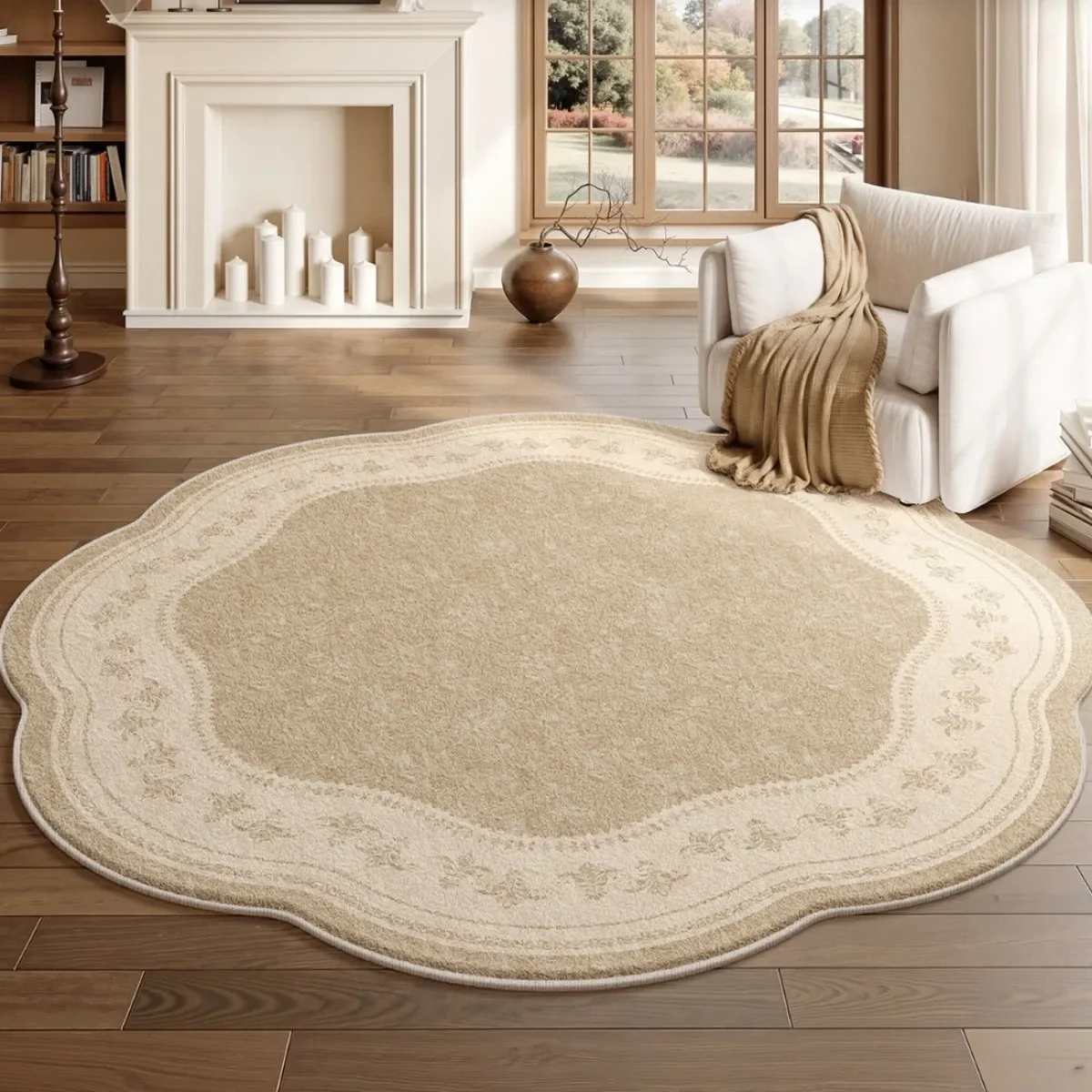 Faux Cashmere Round Rug Irregular Scalloped Edge Vintage French Style Area Carpet Soft Non Slip Mat for Livingroom Bedroom Decor