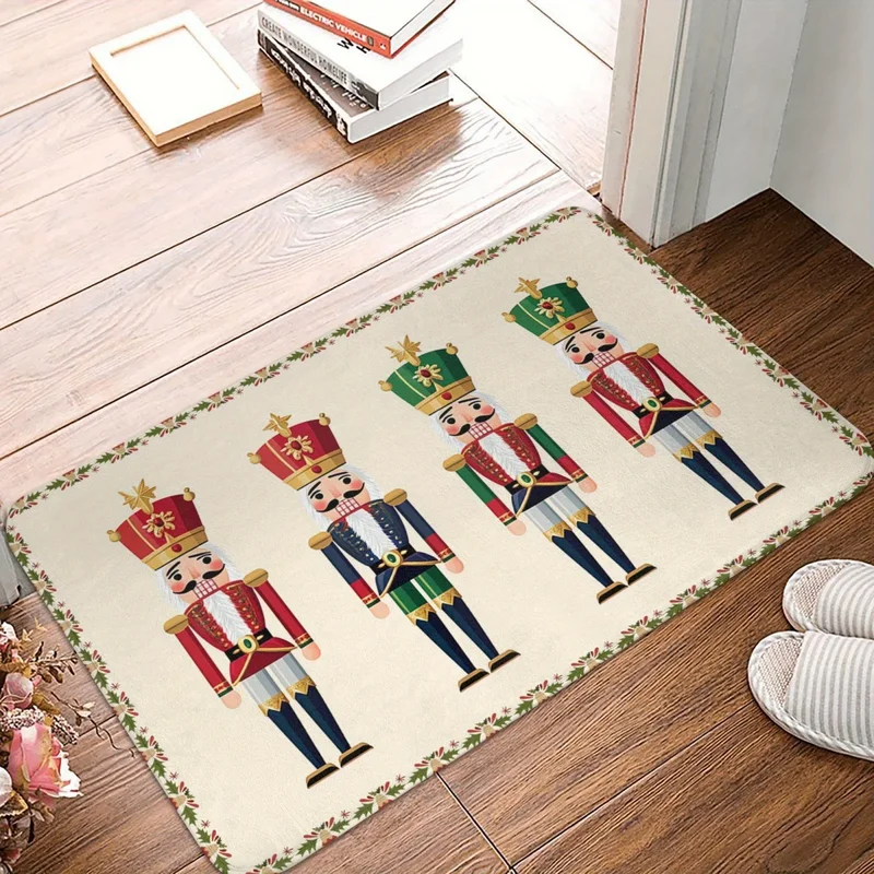 VIKAMA Christmas Entry Mat Four Nutcracker Soldiers Holly Border Cream Print Durable Mat For Front Door Hallway Bedroom Decor