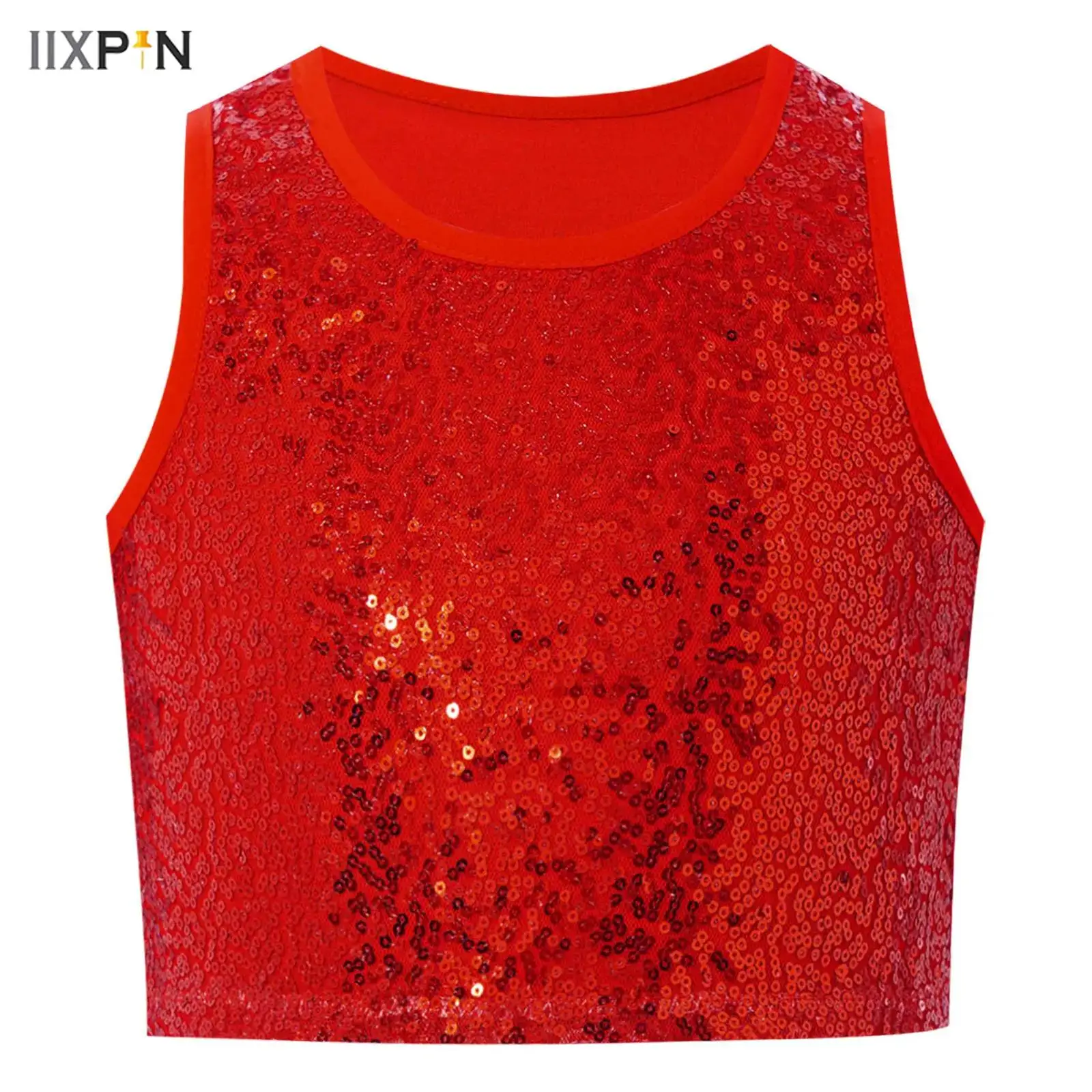 

Kids Girls Shiny Sequins Tank Top Camisole Round Neck Sleeveless Vest School Hip hop Jazz Dance Crop Tops for Stage Performance