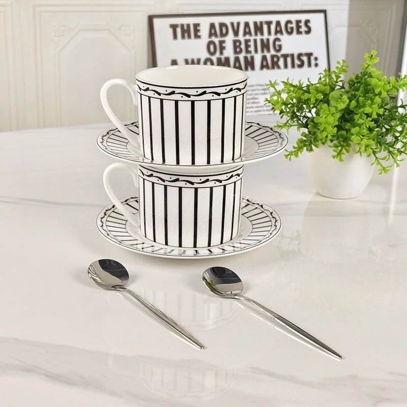 Simple And Modern Black Line Bone China Coffee Cup And Saucer English Afternoon Tea Cup Household Gift