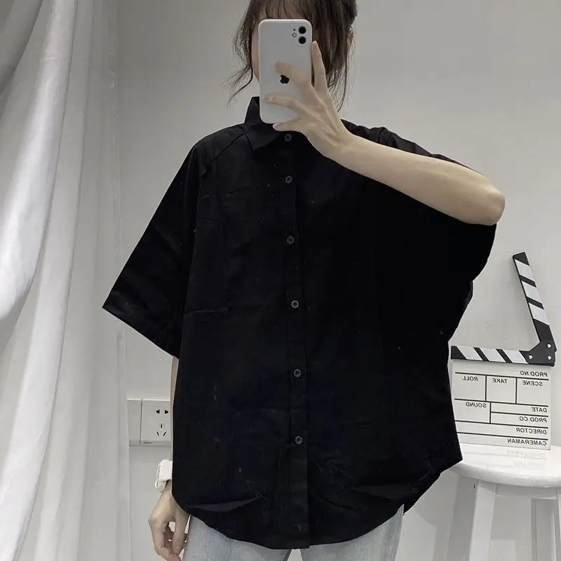 Shirts Women Short Sleeve Solid Harajuku Loose Vintage Ladies Tops All-match BF Summer Chic Stylish Basic Black Clothing Girls