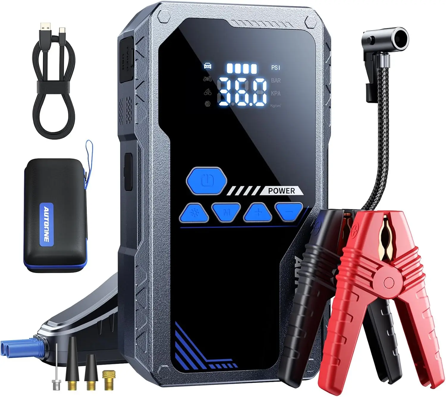 

8000A Portable Jump Starter with Air Compressor, 150PSI for Cars/Trucks/Boats, LED Flashlight & LCD Display